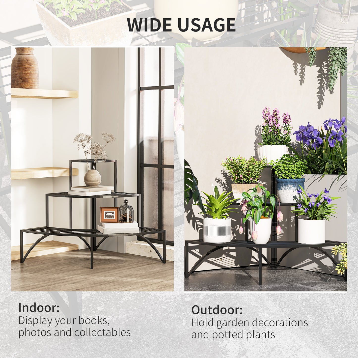 Three-Tier Corner Metal Plants Shelves - Black