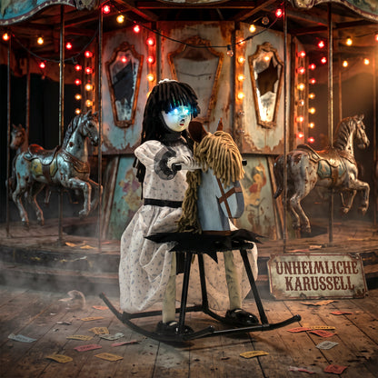 Animated Halloween Girl Riding Horse, Halloween Animatronics with Creepy Rhymes, Glowing Eyes, Sound/Touch Activated