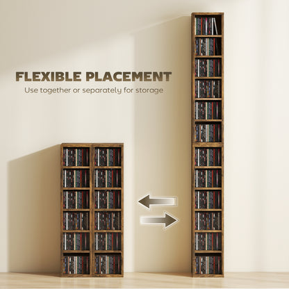 Set of 2 CD Media Display Shelf Unit Tower Rack with Adjustable Shelves, Rustic Brown