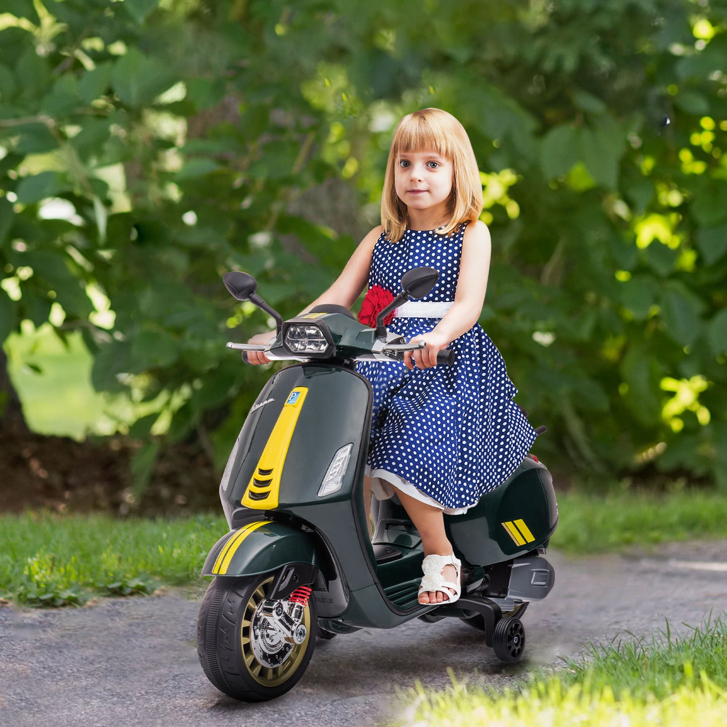 12V Vespa Licensed Kids Electric Motorbike w/ Music, Lights, FM Radio, for 3-6 Years - Green
