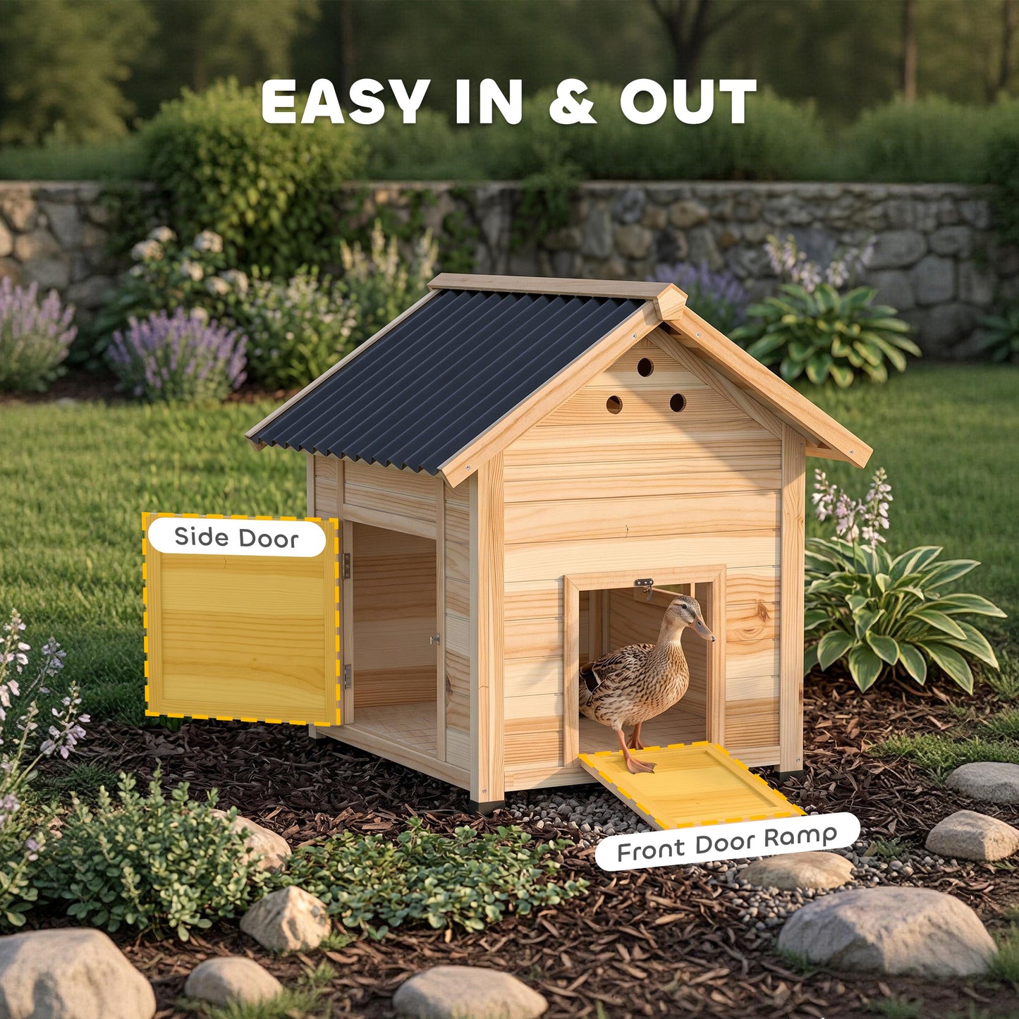 Wooden Duck House with Double Doors, Openable Roof, Ventilation Holes, Removable Base, Natural Wood Finish
