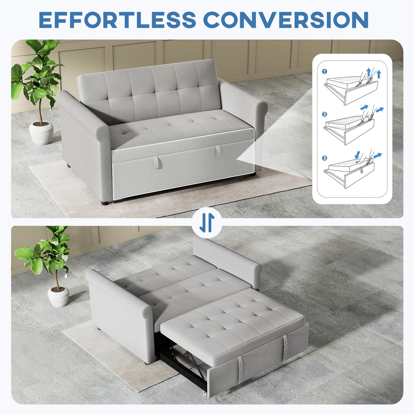 Two-Seater Velvet-Feel Sofa Bed - Grey