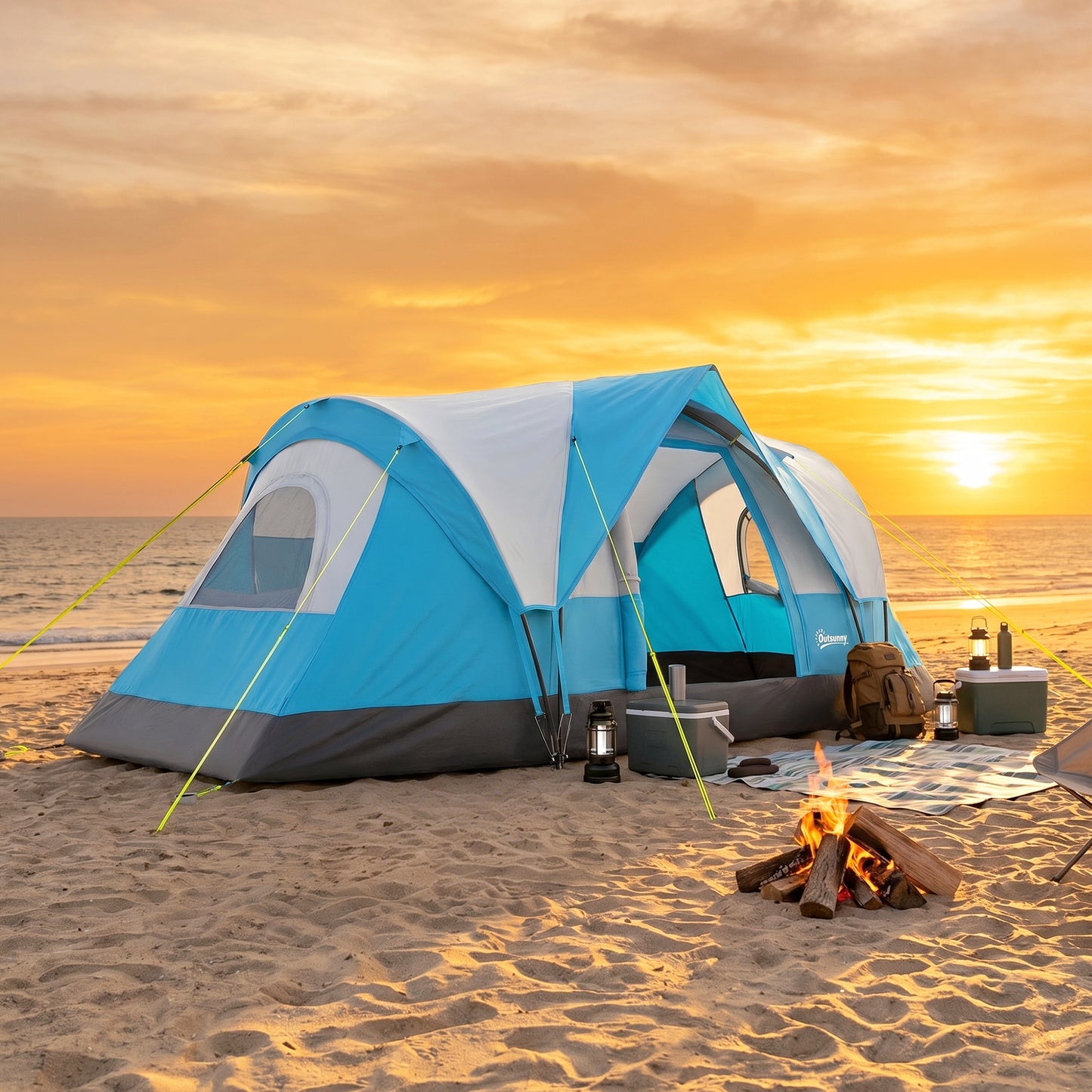 5 Man Camping Tent, Large Tunnel Tent, Water Resistant Hiking Shelter with Groundsheet and Carry Bag, Light Blue
