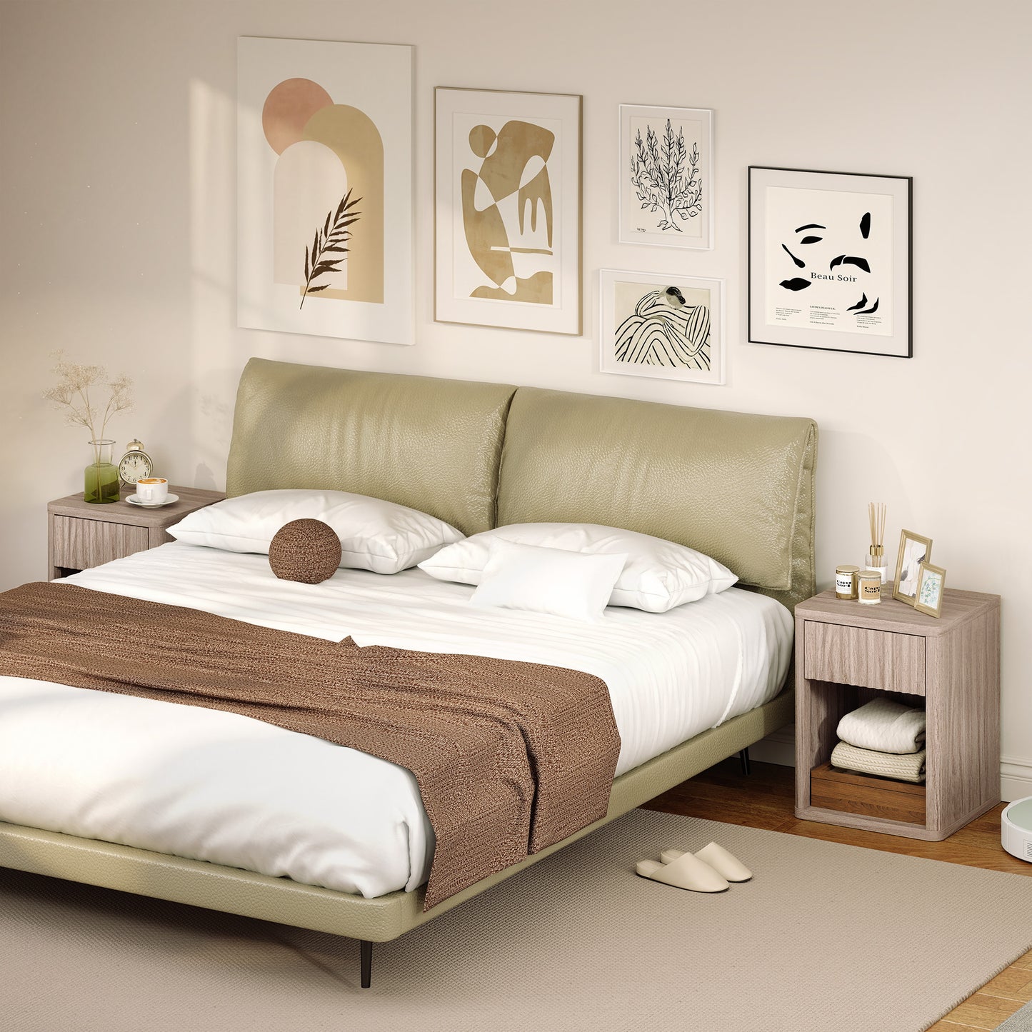 Modern Bedside Table Set of 2, Bedside Cabinet with Drawer and Open Shelf, Side End Table, Nightstand for Bedroom, Oak