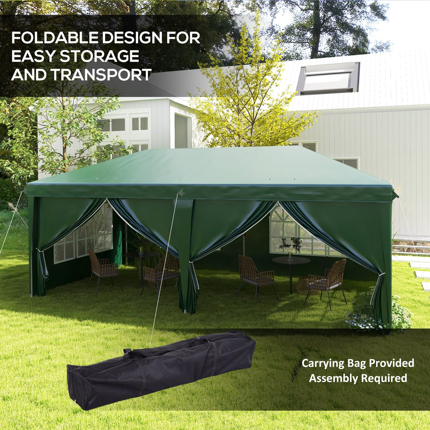 3x6m Pop-Up Gazebo, with Curtain Walls and Windows, Green
