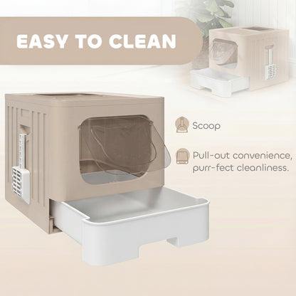 Cat Litter Box with Lid, Slide-Out Drawer, Scoop, Easy Clean, Odour Control, Anti-Splashing, Khaki