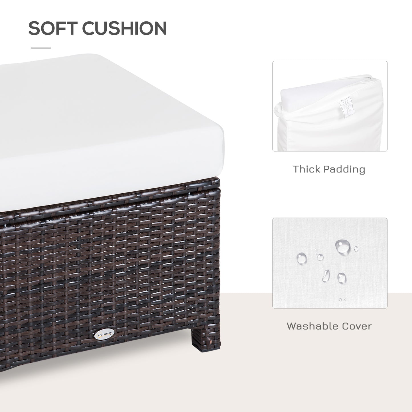 Rattan Footstool Wicker Ottoman with Padded Seat Cushion Outdoor Patio Furniture for Garden Poolside Living Room
