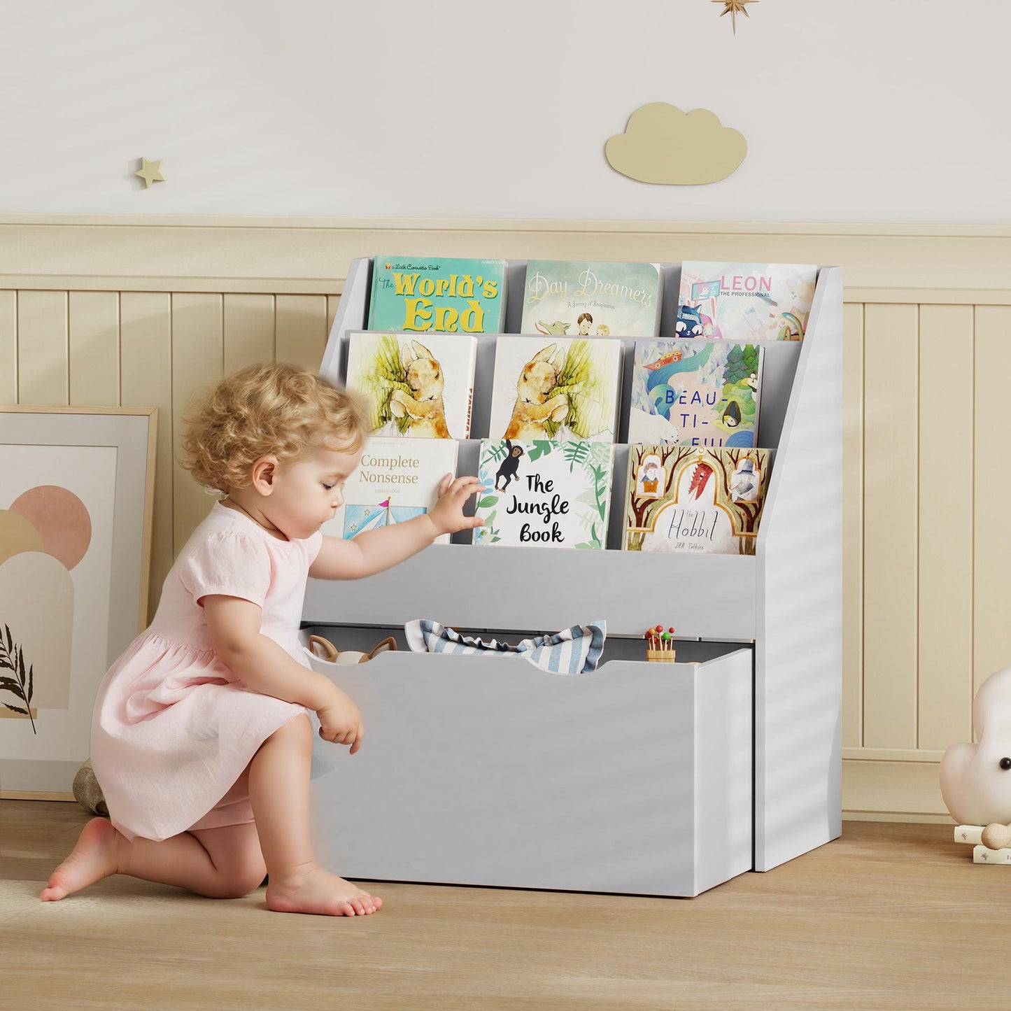 Bookcase for Kids with Shelves, Drawer, Bookcase for Bedroom, Playroom, Grey