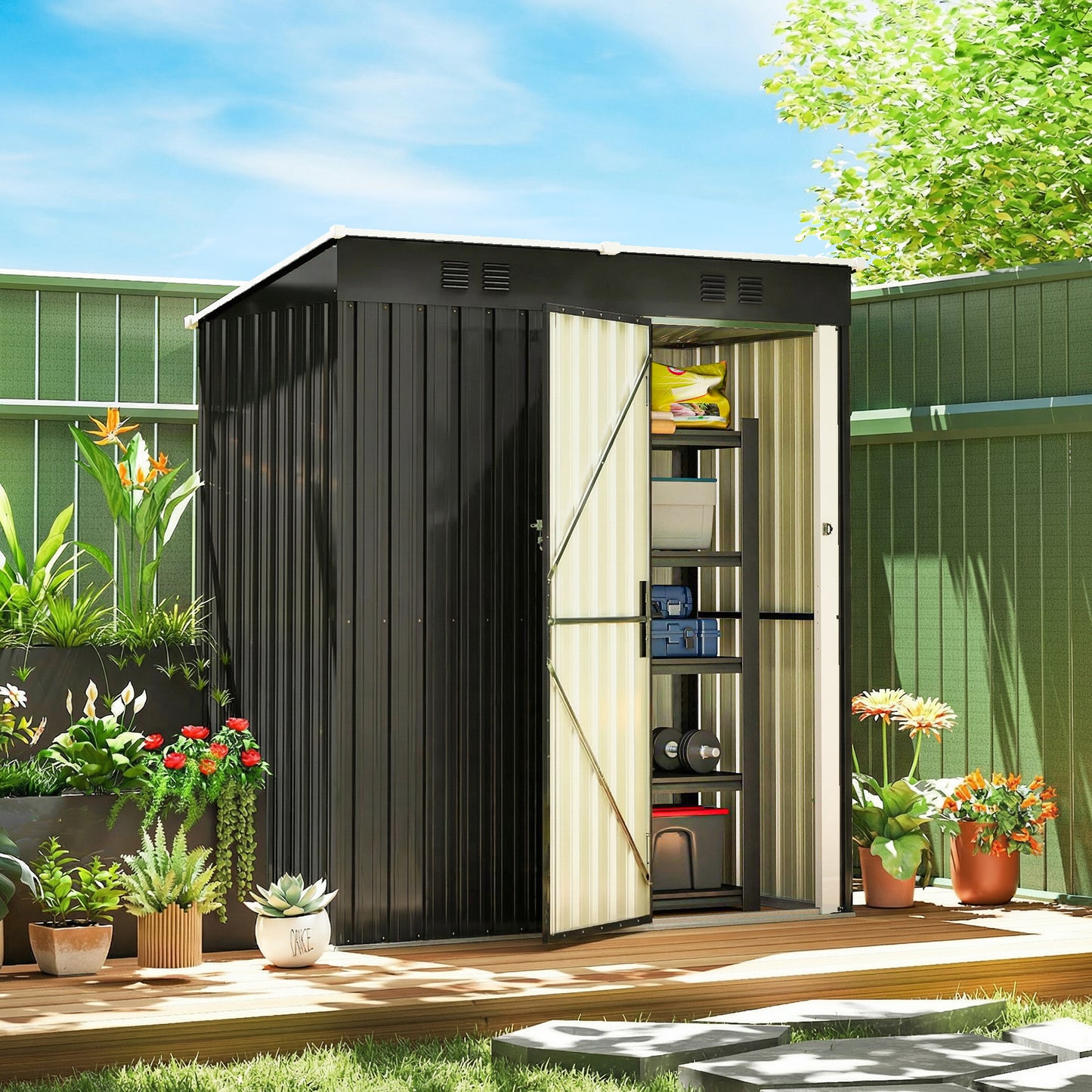 5 x 3 ft Lean-to Garden Shed, Outdoor Storage Shed with Lockable Door and Vents, Dark Grey