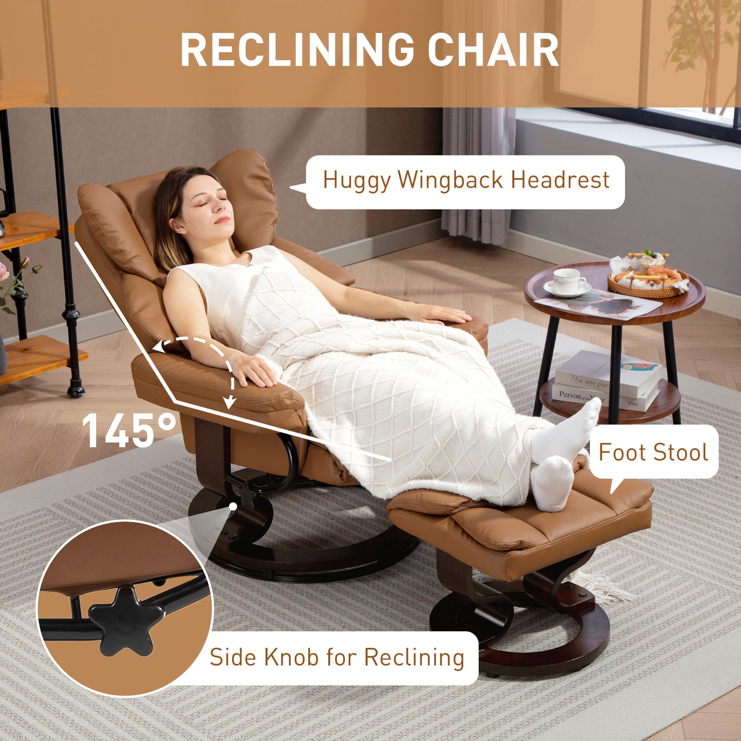 Faux Leather Reclining Chair and Footstool - Brown