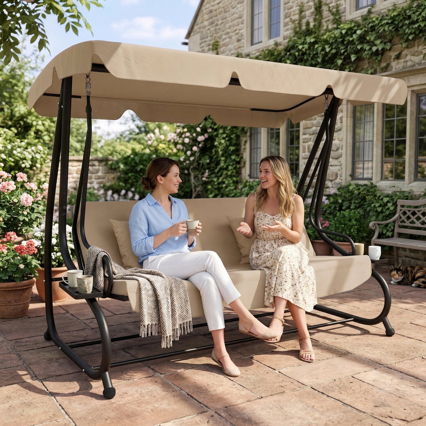 Three-Person garden Swing Chair, with Adjustable Canopy - Light Brown
