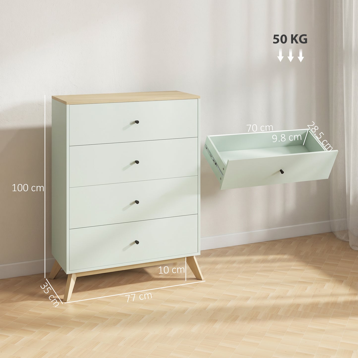 4 Drawer Storage Cabinet, Chest of Drawers for Bedroom Living Room, Light Green and Oak