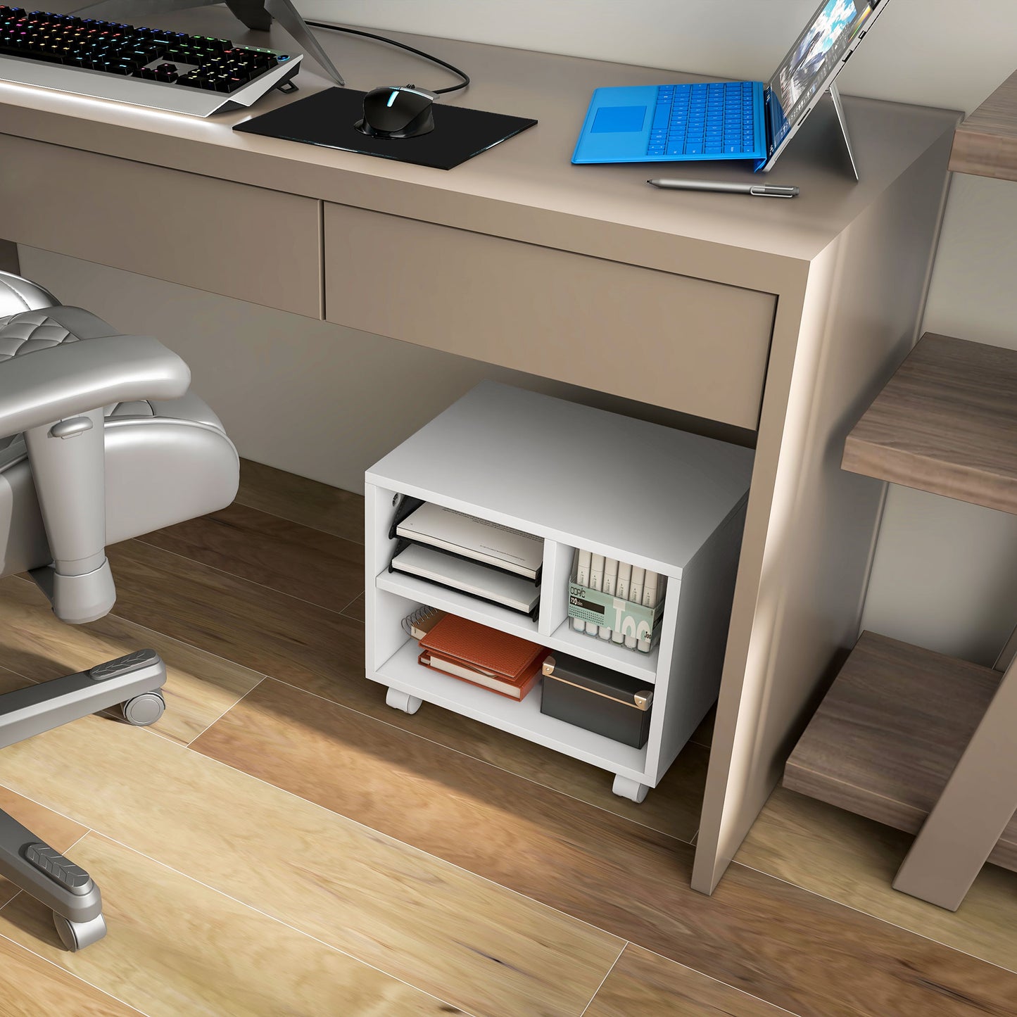 Three-Compartment Printer Cabinet, with Wheels - White