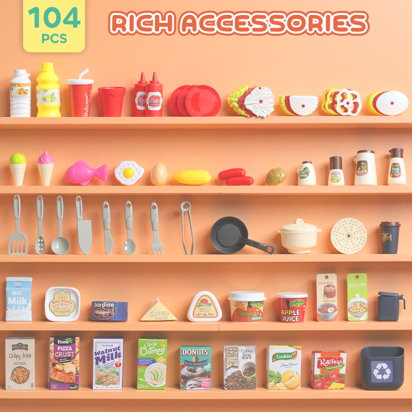 Pretend Play Kitchen Set with Realistic Lights & Sounds, 104PCS Toy Kitchen Accessories for Boys and Girls, Pink