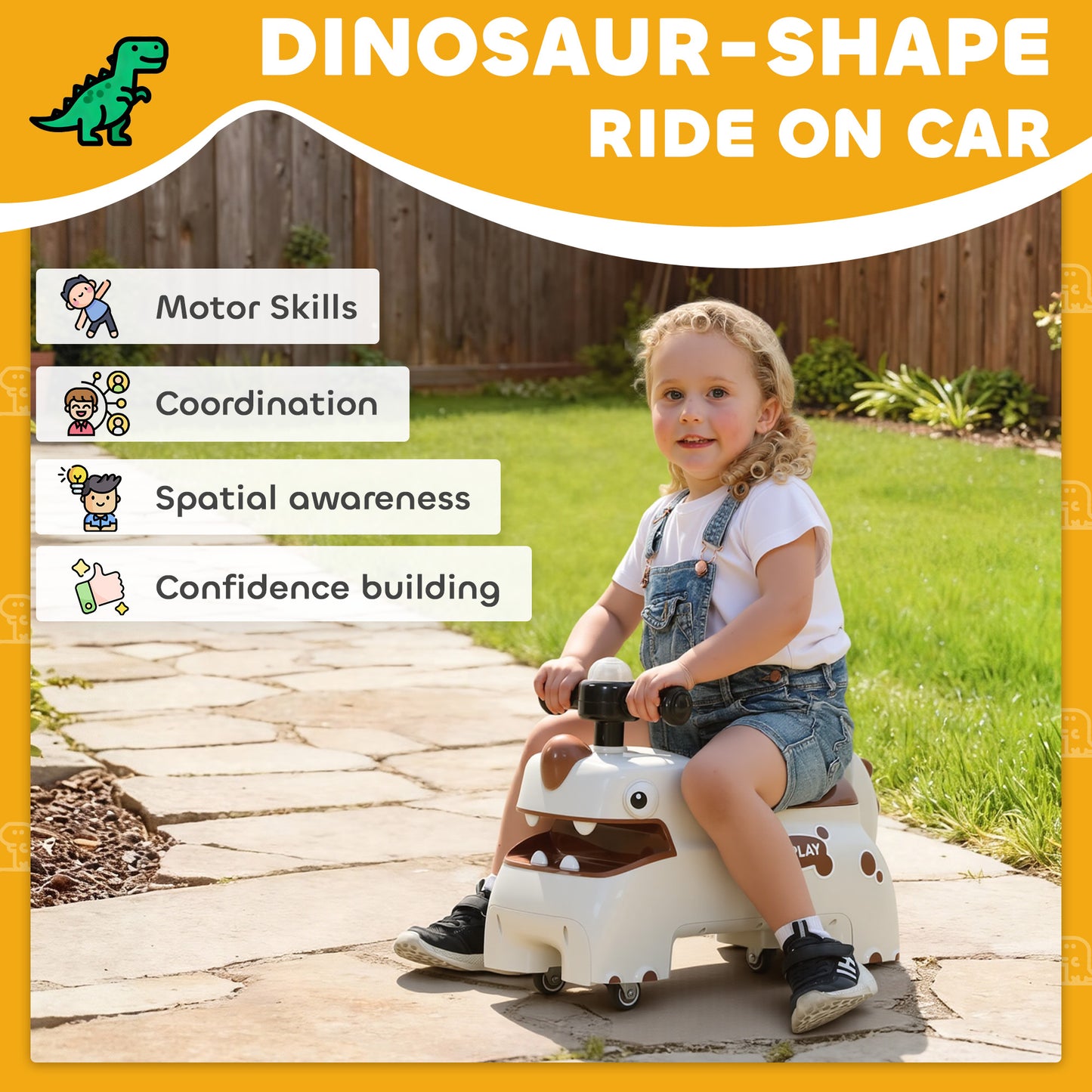Kids Ride On Car, Dinosaur Foot to Floor Slider with Storage, Toddler Walker with Light, Sounds, Cream