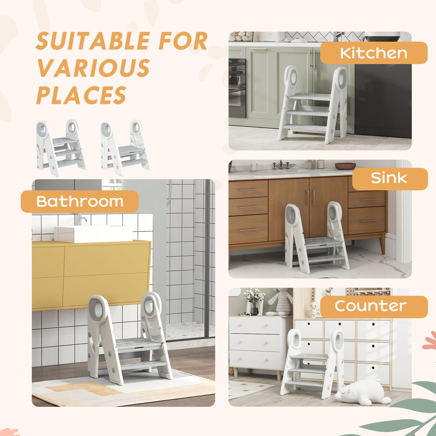 Foldable and Adjustable Kids Step Stool with Handle, Non-Slip, Grey