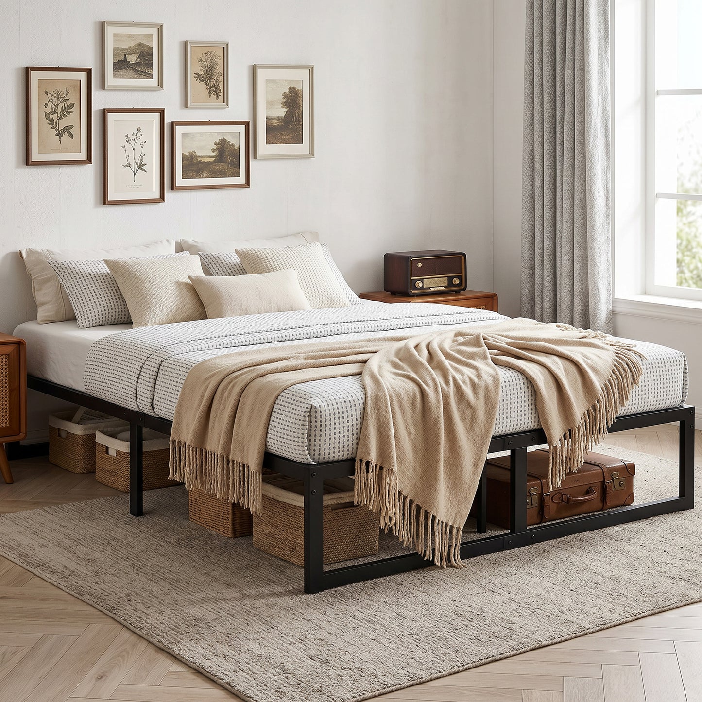 4ft6 Double Bed Frame with Underbed Storage and Steel Slat Support, 32.5 cm Height, Noise-Free, Black
