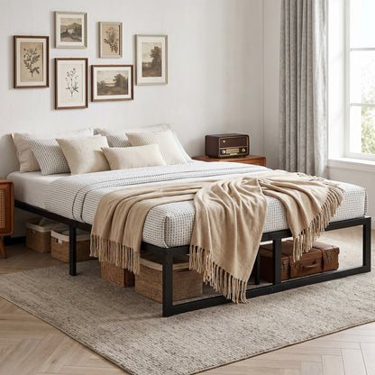4ft6 Double Bed Frame with Underbed Storage and Steel Slat Support, 32.5 cm Height, Noise-Free, Black