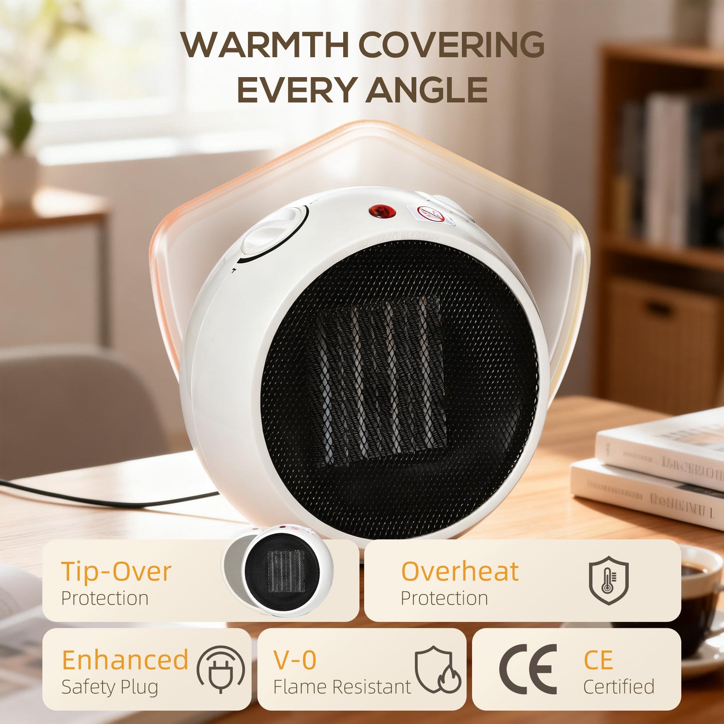 1500W Small Space Heater, Ceramic Electric Plug in Fan Heater with 3 Heat Setting, Adjustable Temperature, Tip-Over