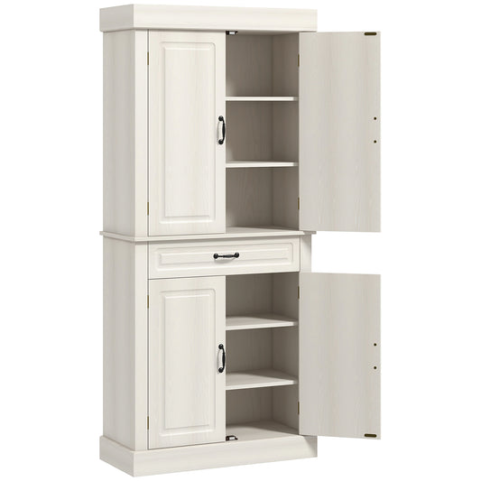 Tall Kitchen Cupboard, Kitchen Pantry Cabinet with 6 Shelves and Drawer, Cream White