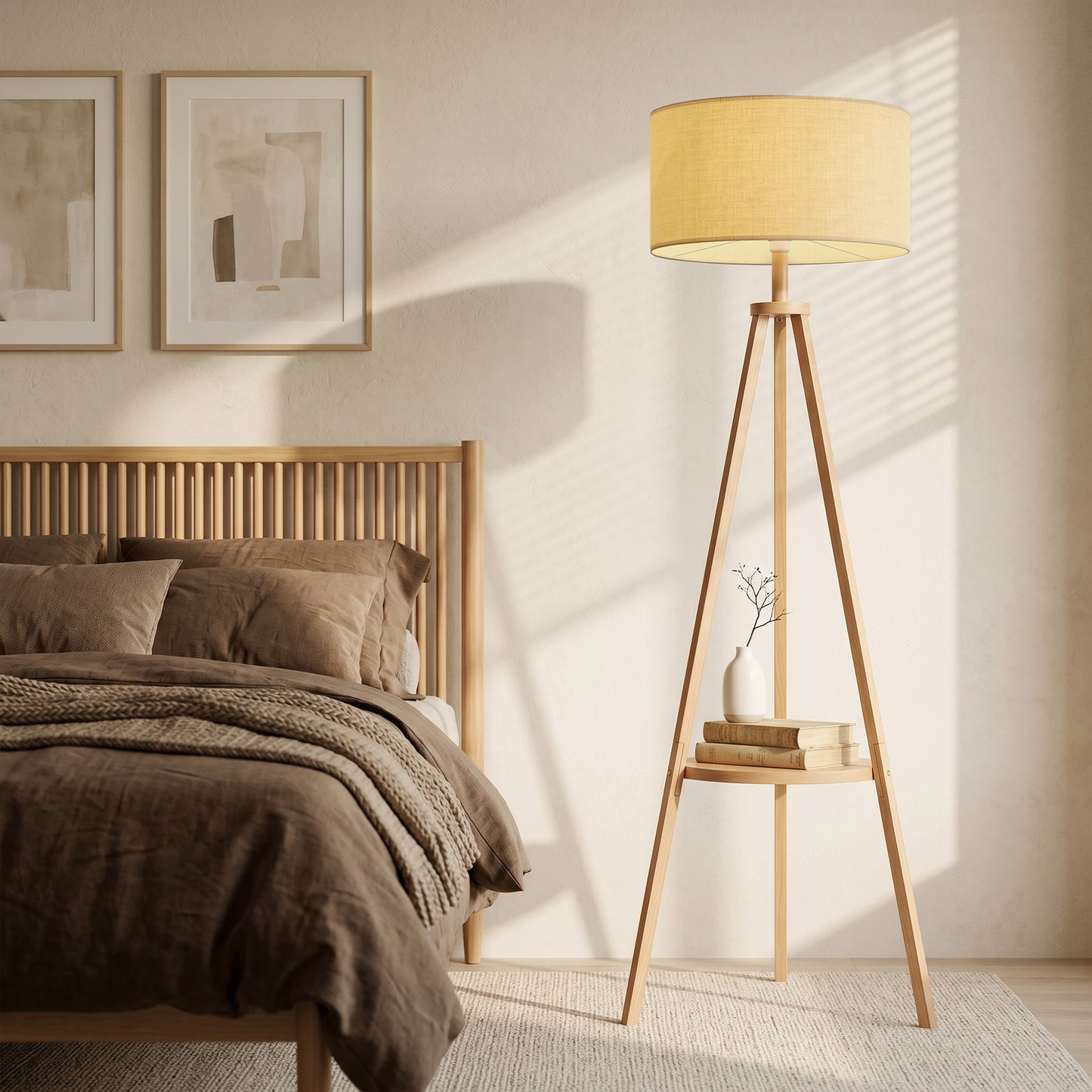 Bedside Light, Tripod Floor Lamp with Storage Shelf and Linen Shade for Living Room, 160cm, Natural Wood Colour