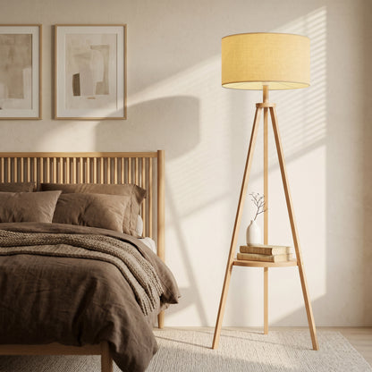 Bedside Light, Tripod Floor Lamp with Storage Shelf and Linen Shade for Living Room, 160cm, Natural Wood Colour