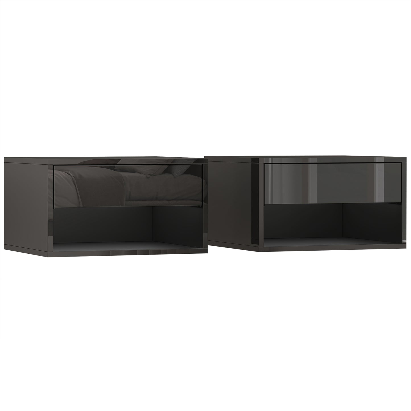 Floating Bedside Tables Set of 2, Wall Mounted Nightstand, High Gloss Black