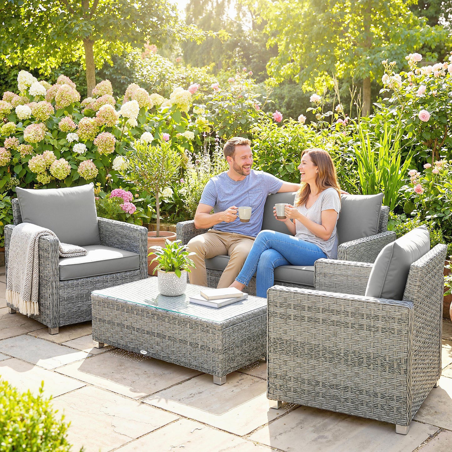 4 Piece Rattan Garden Furniture Set with Loveseat, 2 Armchairs, Glass-Top Table, Wicker Patio Conversation Set, Grey