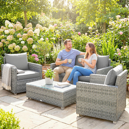 4 Piece Rattan Garden Furniture Set with Loveseat, 2 Armchairs, Glass-Top Table, Wicker Patio Conversation Set, Grey