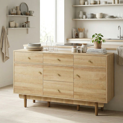 Sideboard with 5 Drawers and 2 Cabinets Buffet Cabinet with Solid Wood Legs 136 cm Walnut