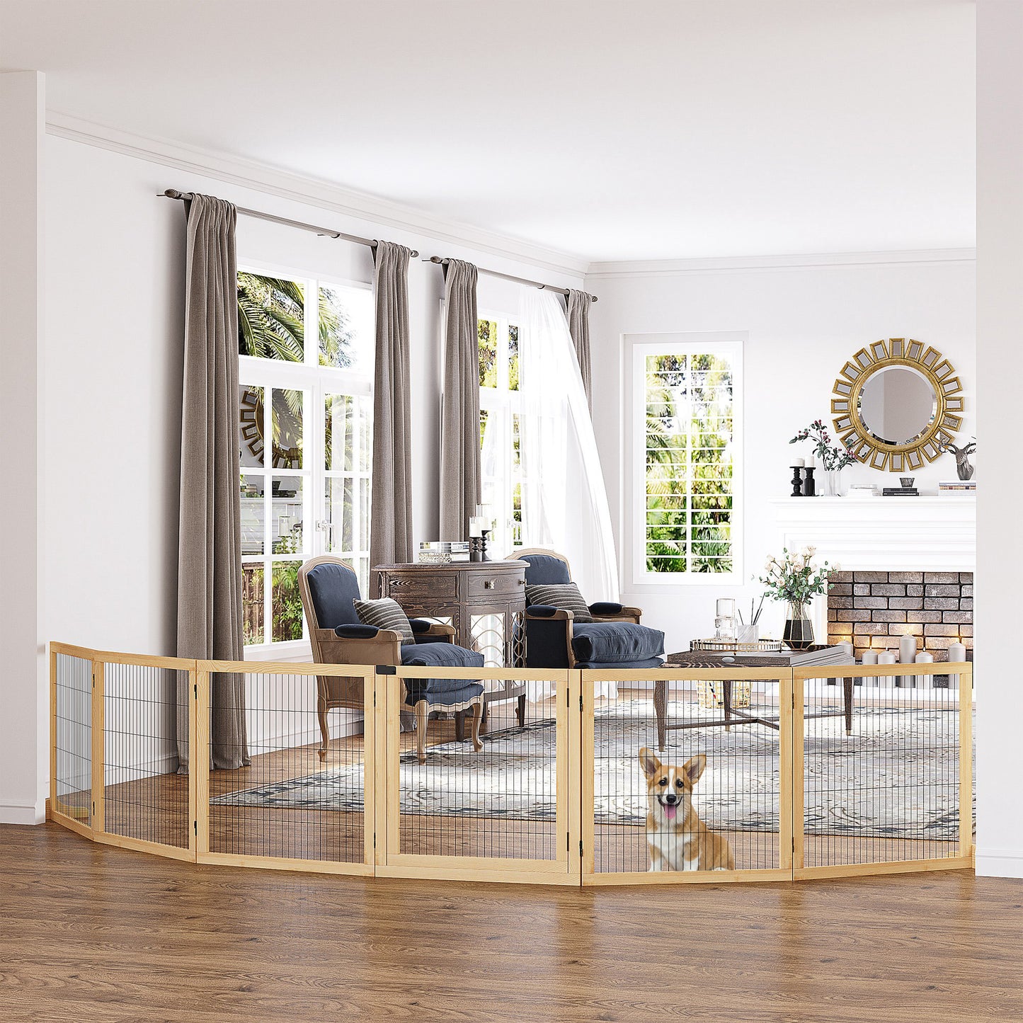 Wooden Pet Gate, Freestanding Dog Security Barrier with Two Support Feet - Natural Tone