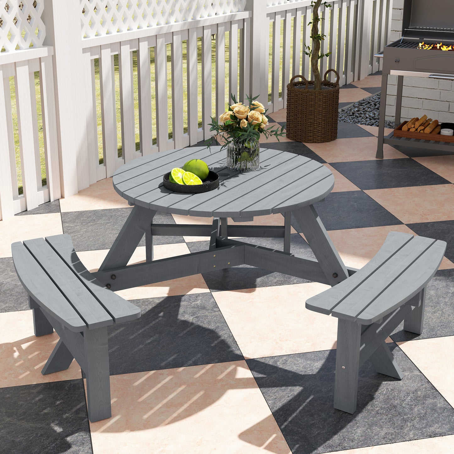 Wooden Garden Dining Set, 6 Seater Round Dining Picnic Table with Matching Bench, Garden Furniture Set