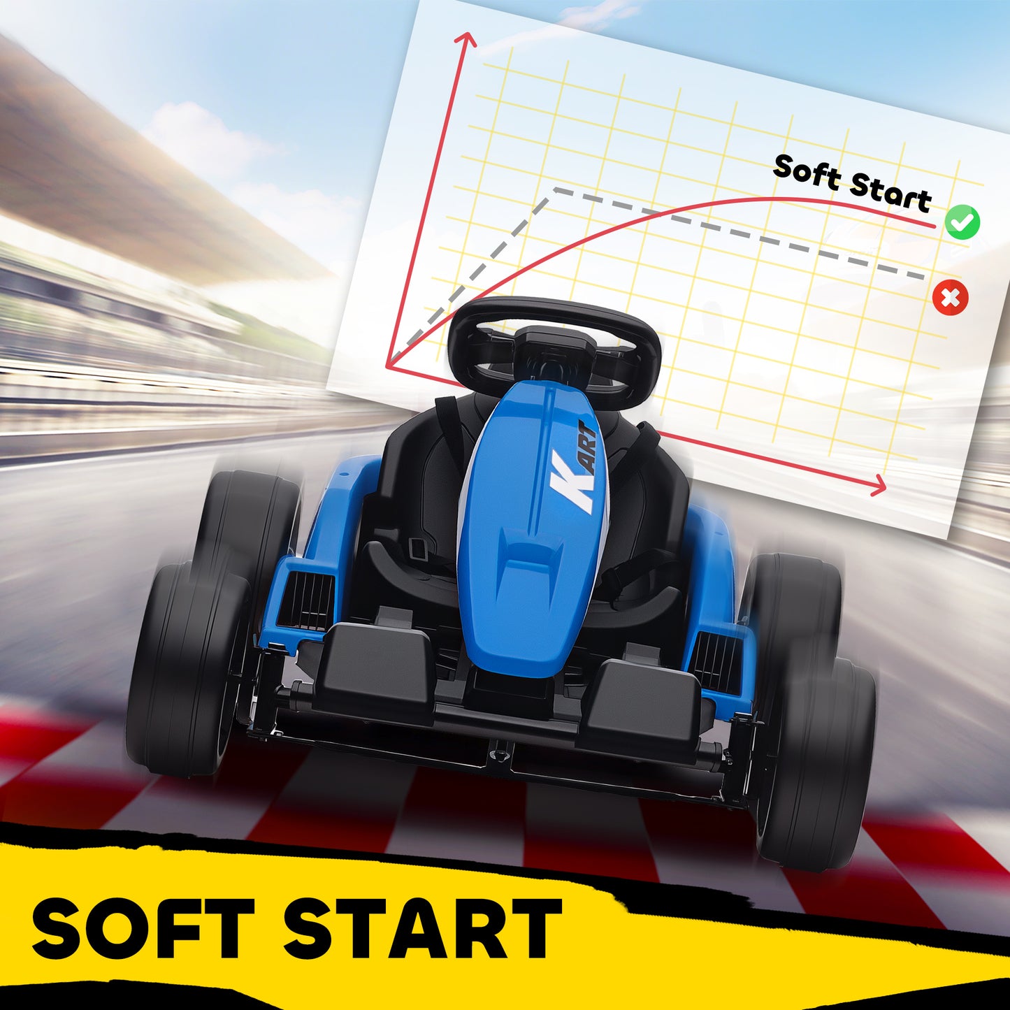 24V Electric Go Kart, Drift Kart with Adjustable Seat, Slow Start, 5-Point Harness, Music, for 6-12 Years, Blue