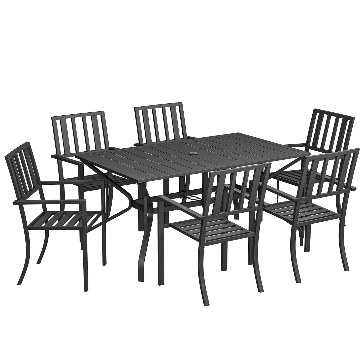 7 Pieces Garden Table and Chairs 6 Seater Outdoor Table and Chairs with Umbrella Hole, for Poolside, Garden, Black