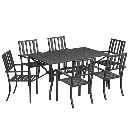 7 Pieces Garden Table and Chairs 6 Seater Outdoor Table and Chairs with Umbrella Hole, for Poolside, Garden, Black