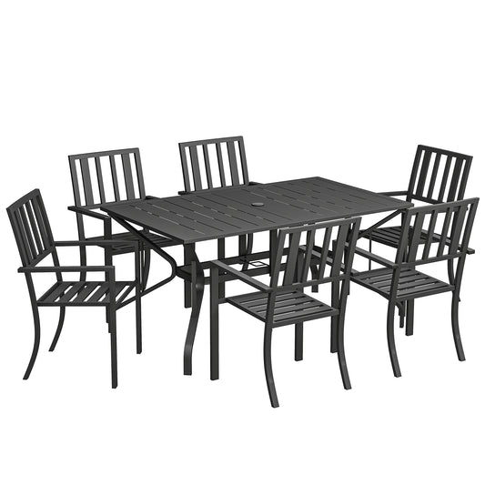 7 Pieces Garden Table and Chairs 6 Seater Outdoor Table and Chairs with Umbrella Hole, for Poolside, Garden, Black