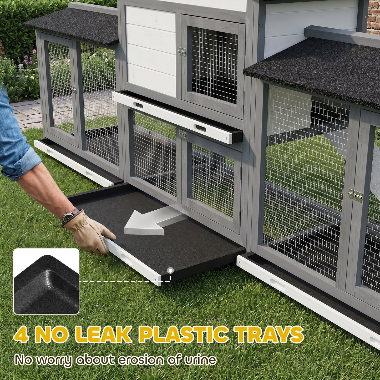 2-Tier Large Rabbit Hutch Outdoor with Double Side Run Boxes, No-leak Plastic Tray, Ramp, 230 x 53 x 93.5cm, Light Grey
