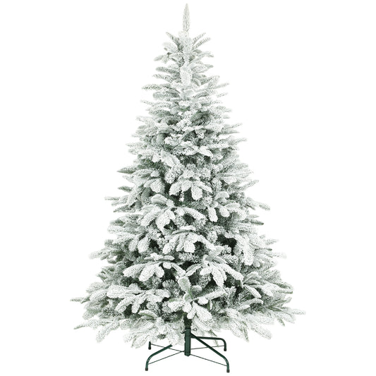 6 ft Artificial Flocked Christmas Tree with 1182 Branches, Hinged Xmas Tree with Foldable Metal Stand