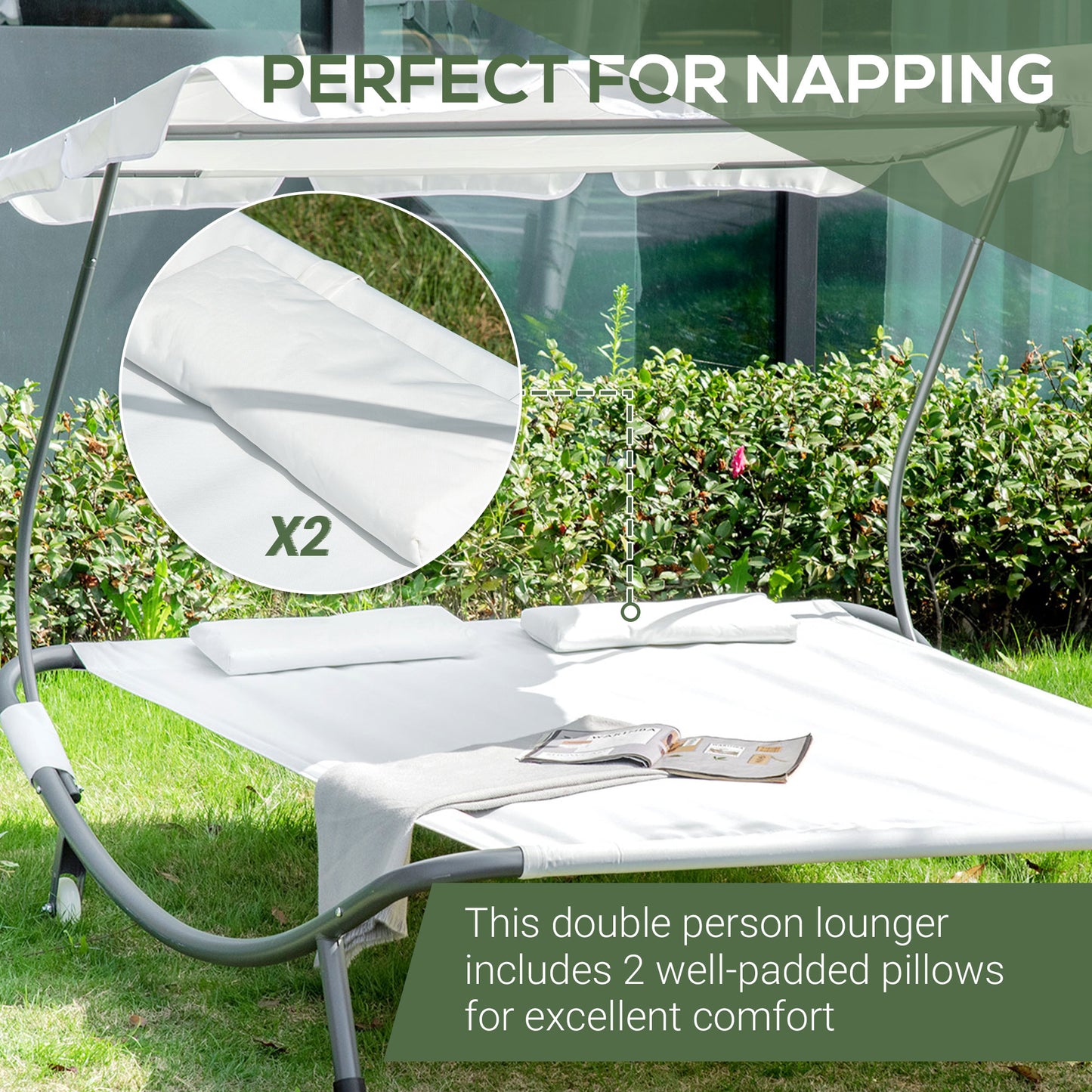 Double Sun Lounger with Adjustable Detachable Canopy, Portable Garden Daybed for 2 with Wheels, Outdoor Sunbed Hammock