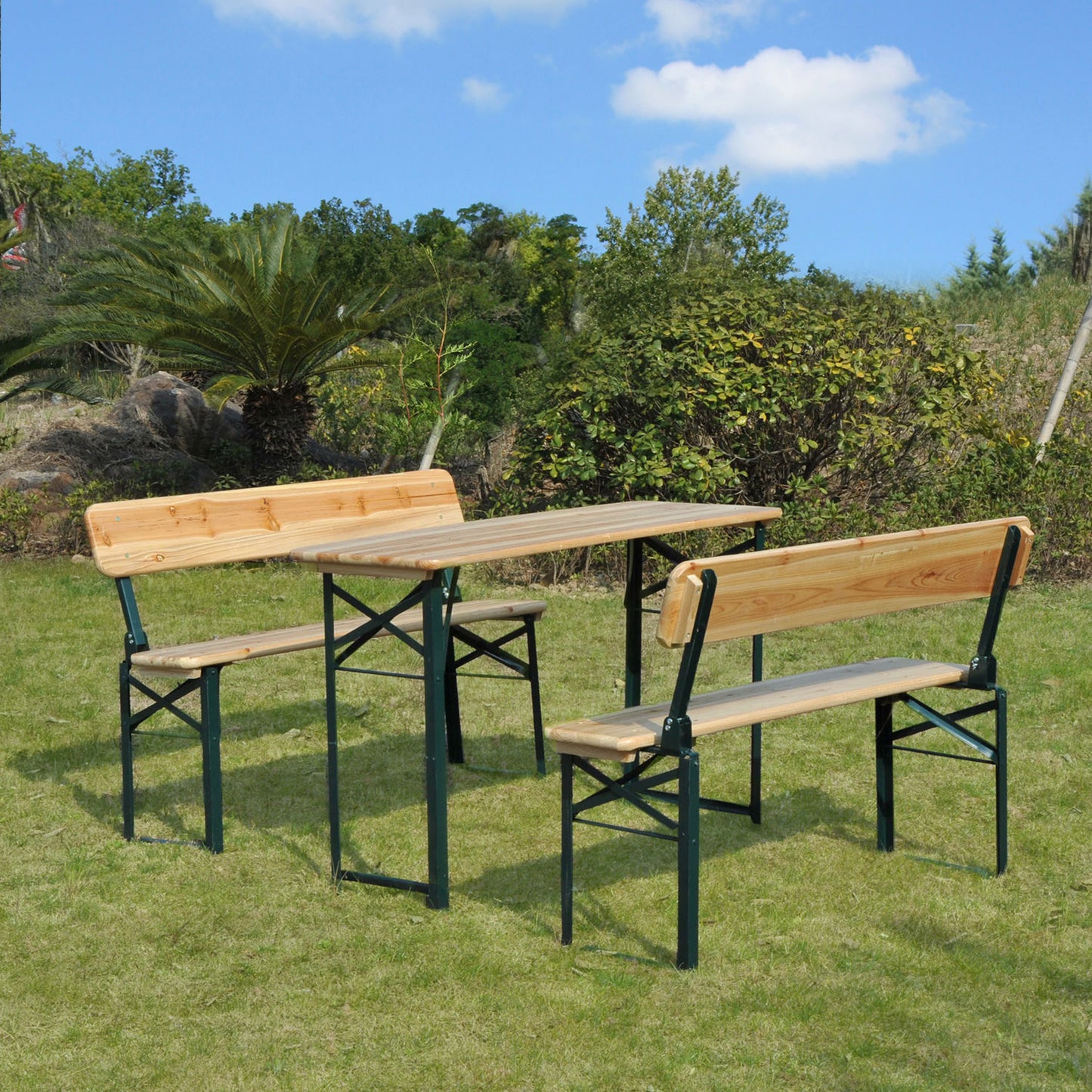 Portable Folding Camping Picnic Trestle Beer Table and 2 Bench Set Wooden Garden Furniture Patio Dining Party BBQ Chairs Stoo