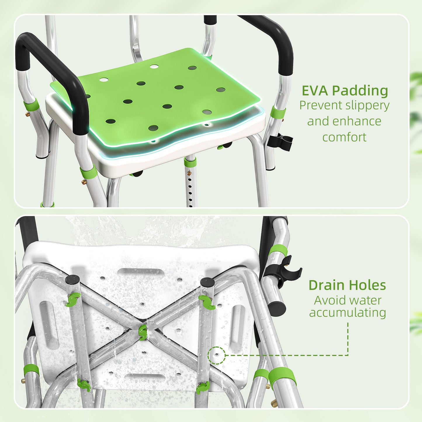 EVA Padded Shower Chair for the Elderly and Disabled, Height Adjustable Shower Stool with Back and Arms, 4 Suction Foot Pads