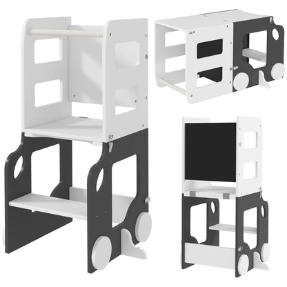 Toddler Step Stool, 4 in 1 Standing Tower, Foldable Toddler Step with Safety Rail, for Kitchen, Bathroom, Grey