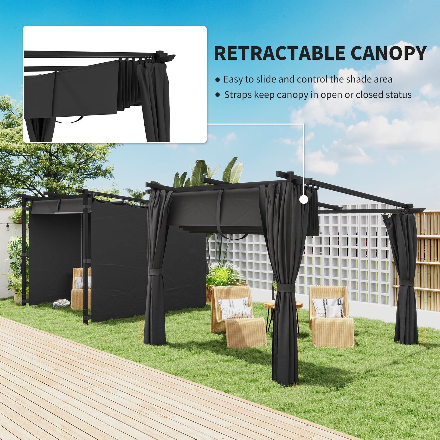 3 x 3 m Retractable Roof Pergola, with Curtains - Dark Grey