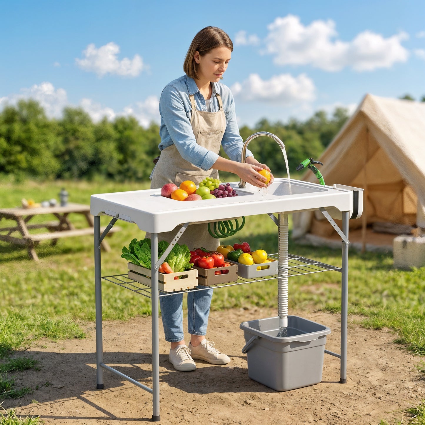 Folding Fish Cleaning Table with Sinks, Portable Camping Sink Table with Faucet, Drainage Hose