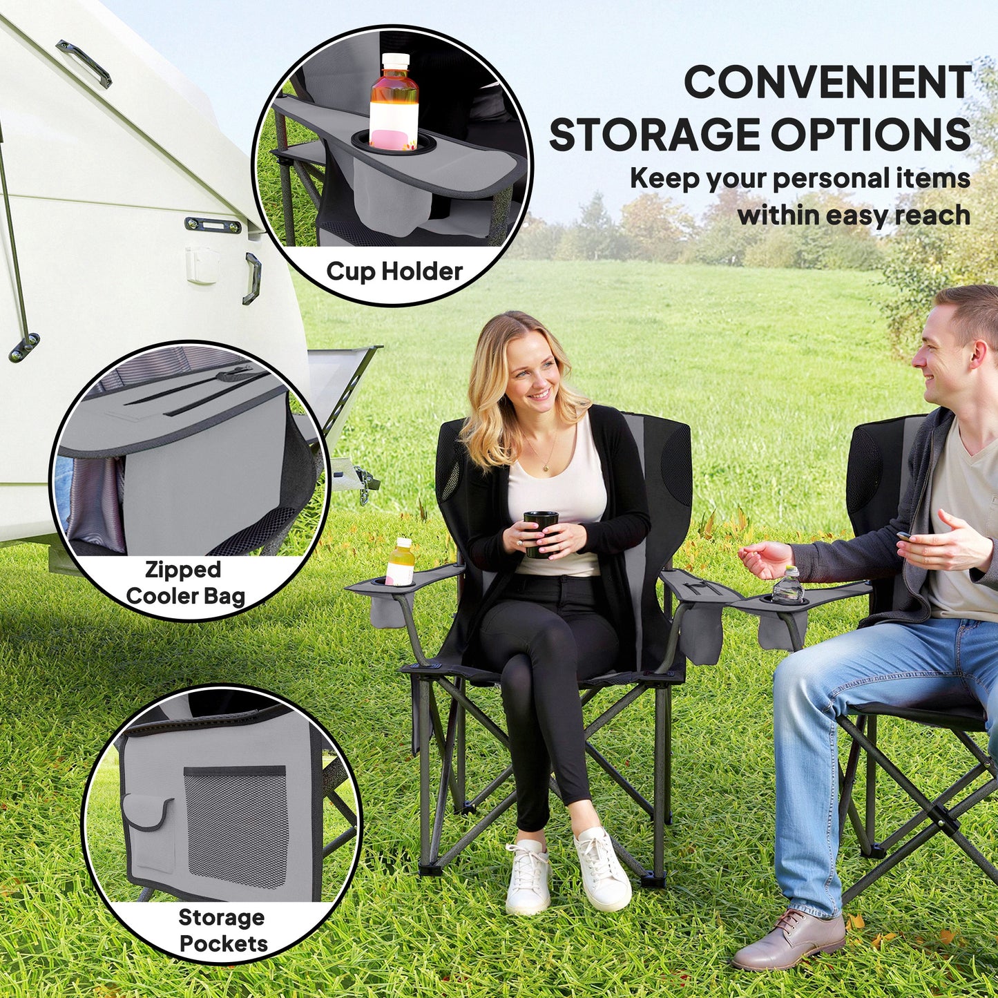 Set of 2 Folding Camping Chairs, Padded Camping Chairs with Adjustable Armrests
