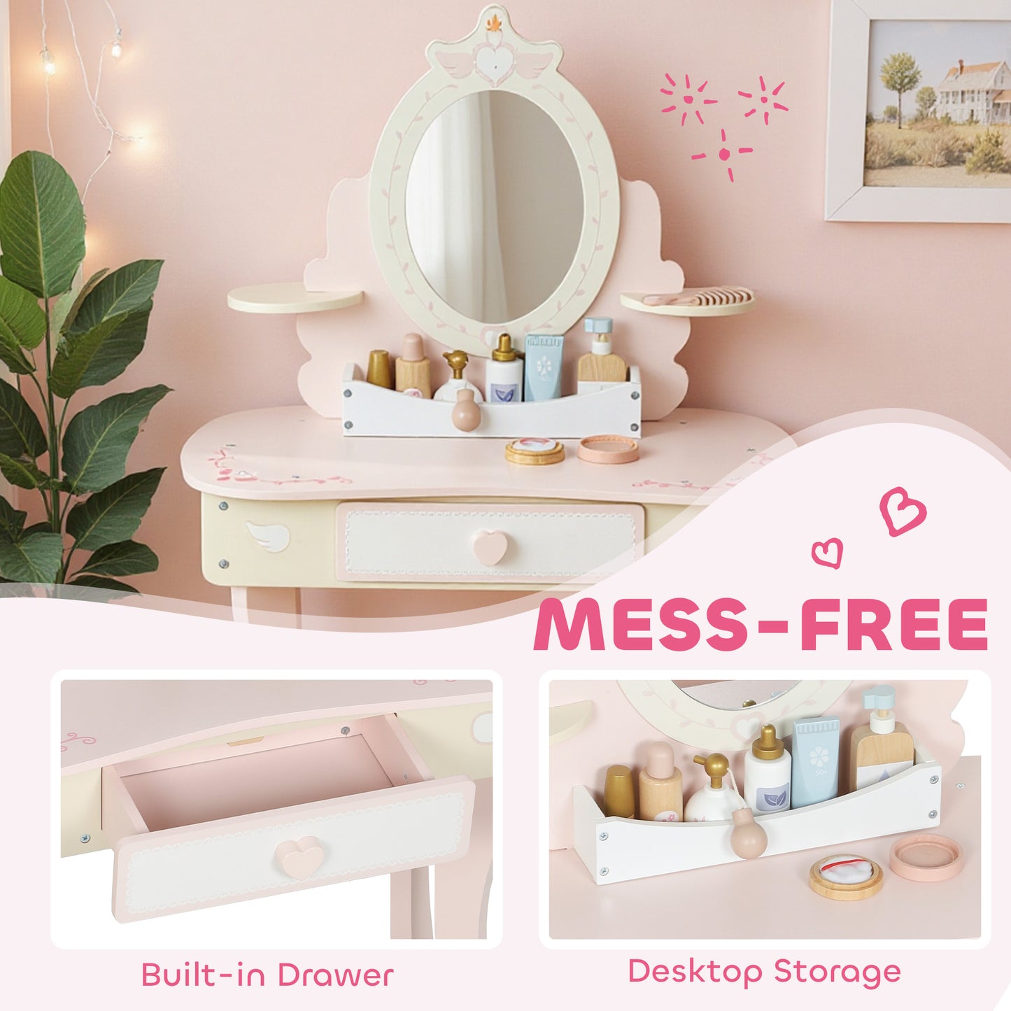Kids Dressing Table, Girls Vanity Set with Mirror and Stool, 7 Play Accessories, Drawer, Desktop Storage, Pink