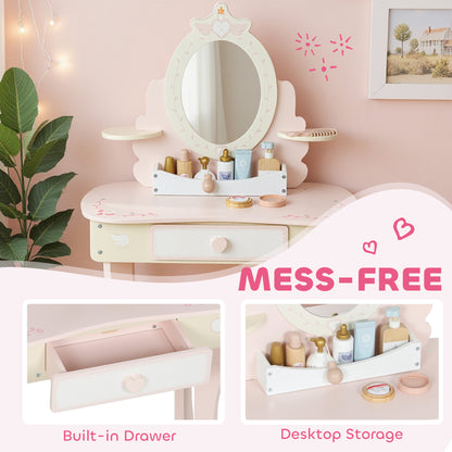 Kids Dressing Table, Girls Vanity Set with Mirror and Stool, 7 Play Accessories, Drawer, Desktop Storage, Pink