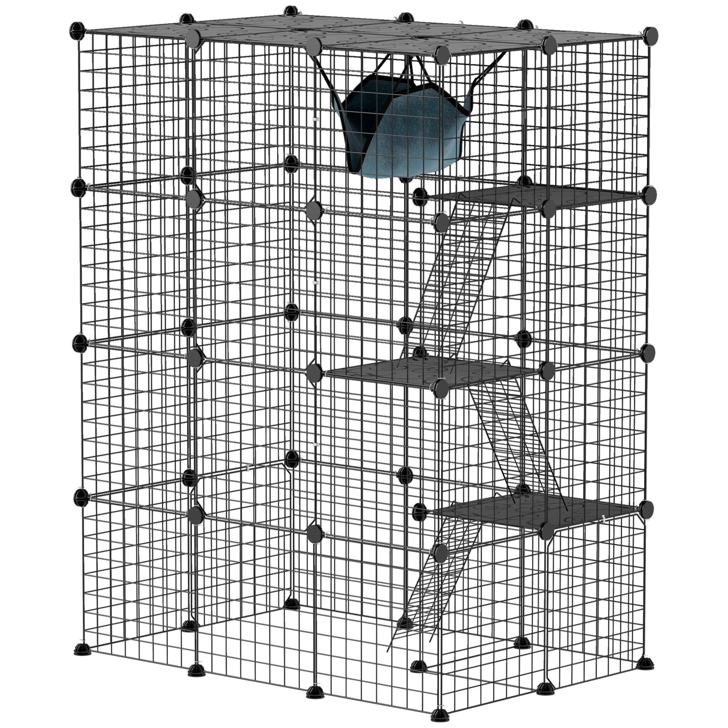 Four-Tier DIY Large Cat Cage with Hammock, Ramps, Five Doors, Indoor Use for 1-3 Cats, Black