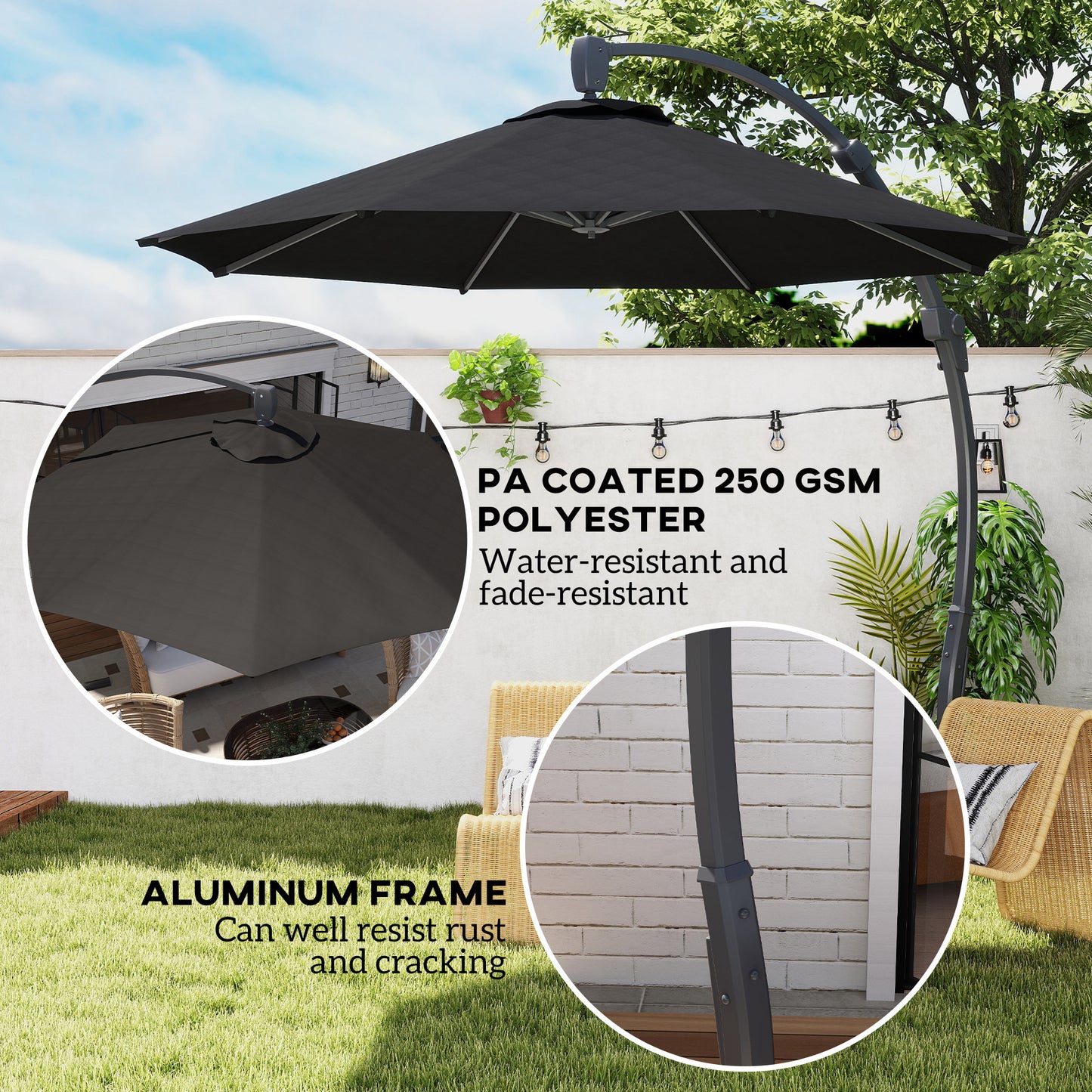 3(m) Garden Cantilever Parasol, Round Overhanging Umbrella with Crank Handle, Cross Base, Aluminium Frame and 360° Rotation