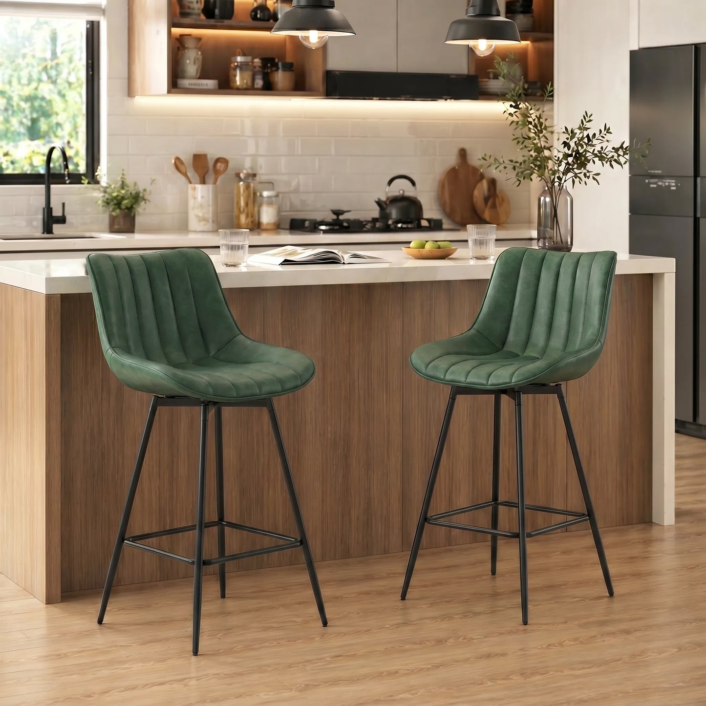 Set of 2 PU Leather Swivel Bar Stools - Dark Green